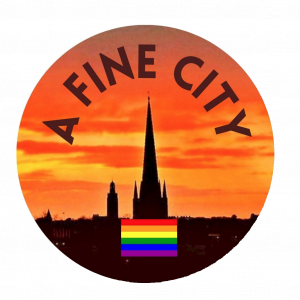 25mm button badge "A Fine City" with Pride Flag
