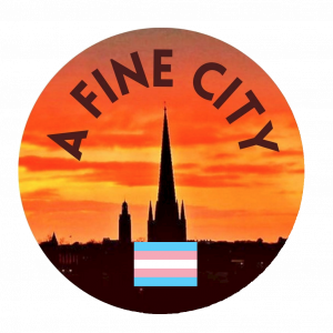 25mm button badge "A Fine City" with Trans Flag